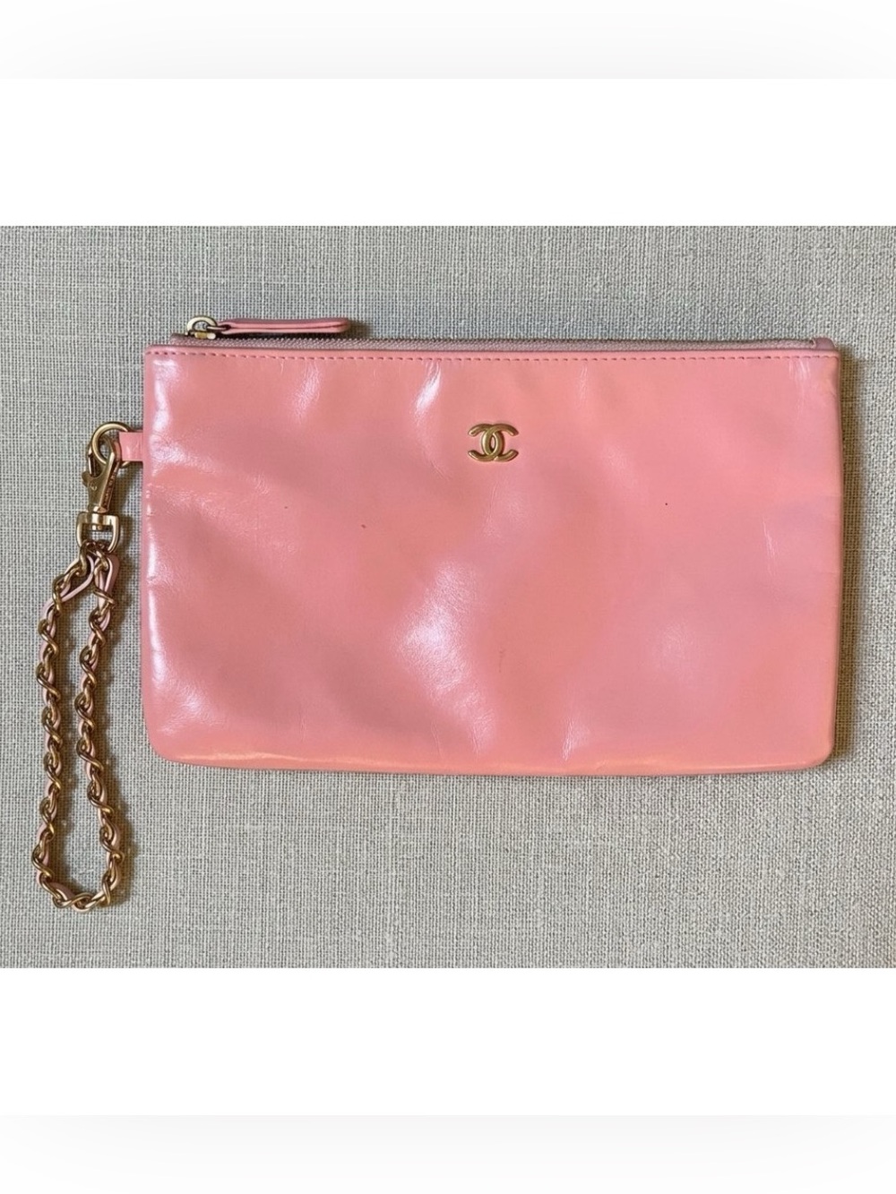 Pink CC Wristlet Clutch Pouch Glossy Baby Pink Gold Chain Strap Wristlet Chanel